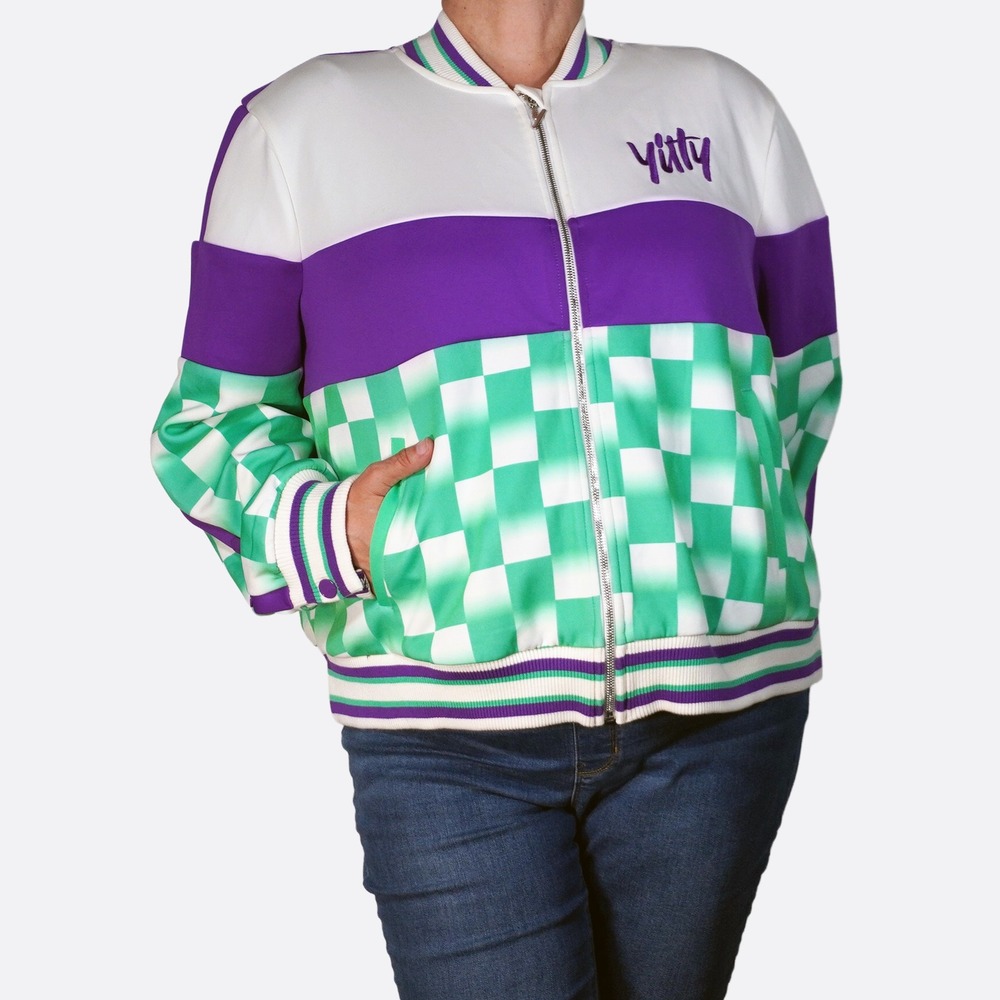 Yitty Zip-Up Racing Jacket 2X XXL Retro Purple Checkered Green Tall Friendly